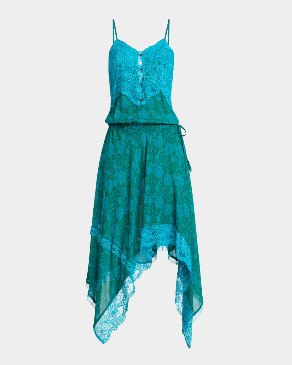 Dallie Floral Print Lace-Trim Handkerchief Midi Dress